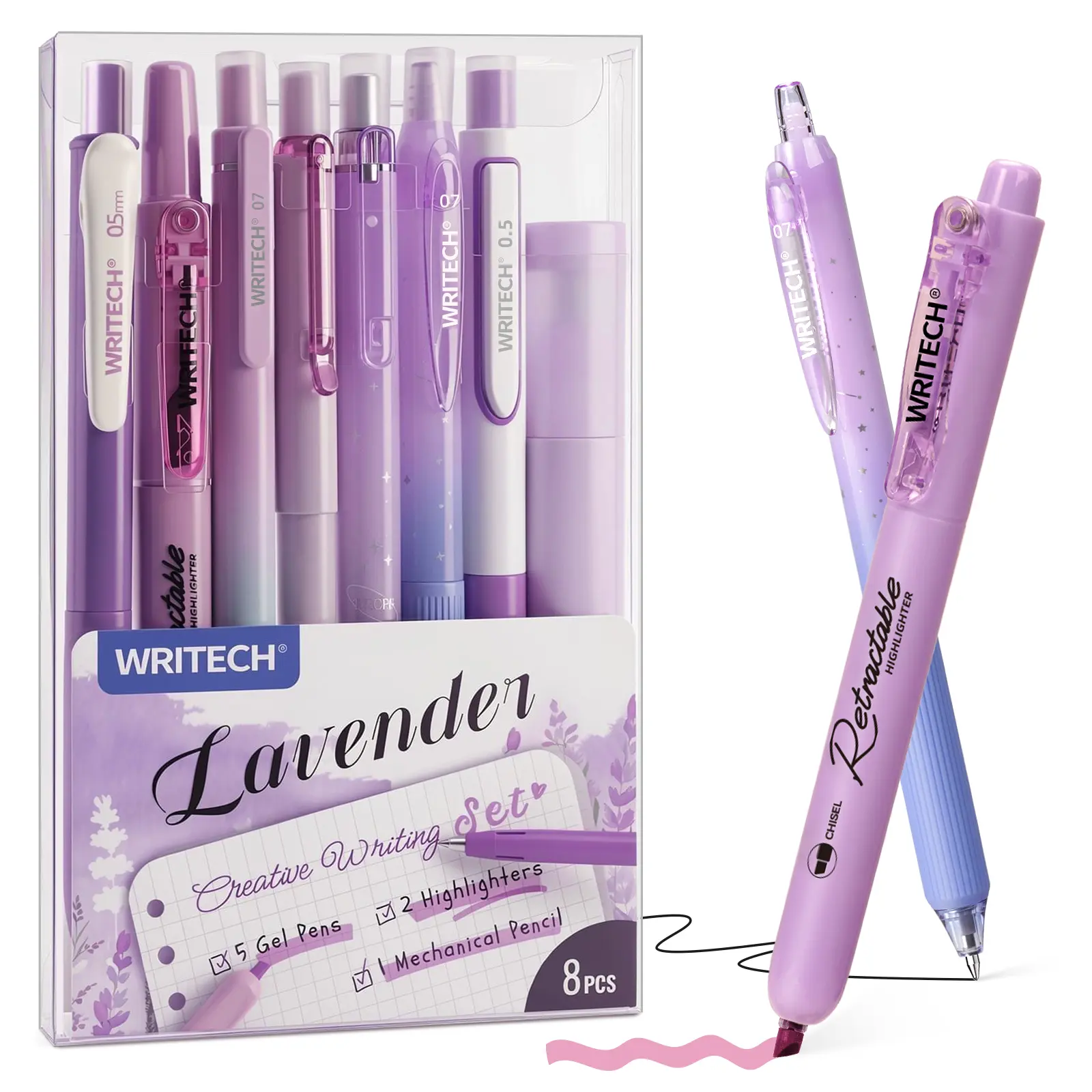 WRITECH Gel Pens Journaling Highlighters: Purple Journal Set Assorted Pastel Color 0.5mm&0.7mm Fine Point Retractable Black Ink Pen Mechanical Pencil Smooth Writing Drawing 8ct