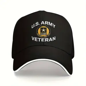 Veteran Baseball Cap - Adjustable Black Dad Hat with Badge and "Veteran" Text, Lightweight Breathable Polyester Fiber, Unisex Snap Design, Casual Outdoor Sports Patriotic Apparel, Printed Baseball Cap, Baseball Accessories, Black Baseball Cap, Washable Ba