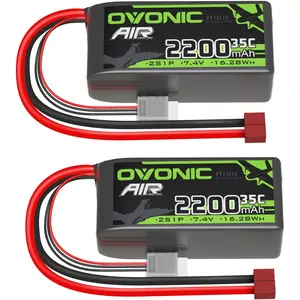 OVONIC 2S Lipo Battery 35C (Burst 70C) 2200mAh 7.4V Rechargeableo Battery with Dean-Style T Connector ,For 1:16 RC Car FPV RC Truck, rc hobbyer(2 Packs)