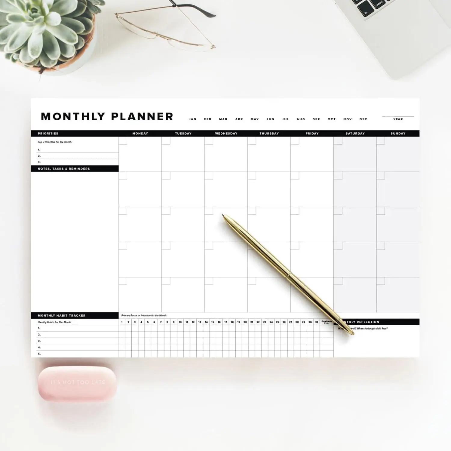 ThreeKin Onyx Monthly Planner - Premium 18-Sheet Tear-Off Notepad, 12 x 18 inches, Clean Design, Perfect for Work, School, Projects, and Entrepreneurs, Female & USA Owned Business