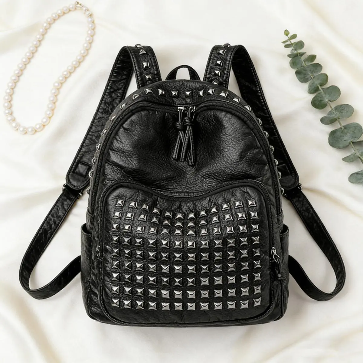 Women's PU Leather Multifunctional Biker Backpack - Carry-All, Chain-Studded Handheld Bag with Solid Color, Rivet Punk Geometric Design, Waterproof Zip Closure, Laptop-Compatible for Vacation, Travel, Biker Backpacks, Carry-All Backpacks