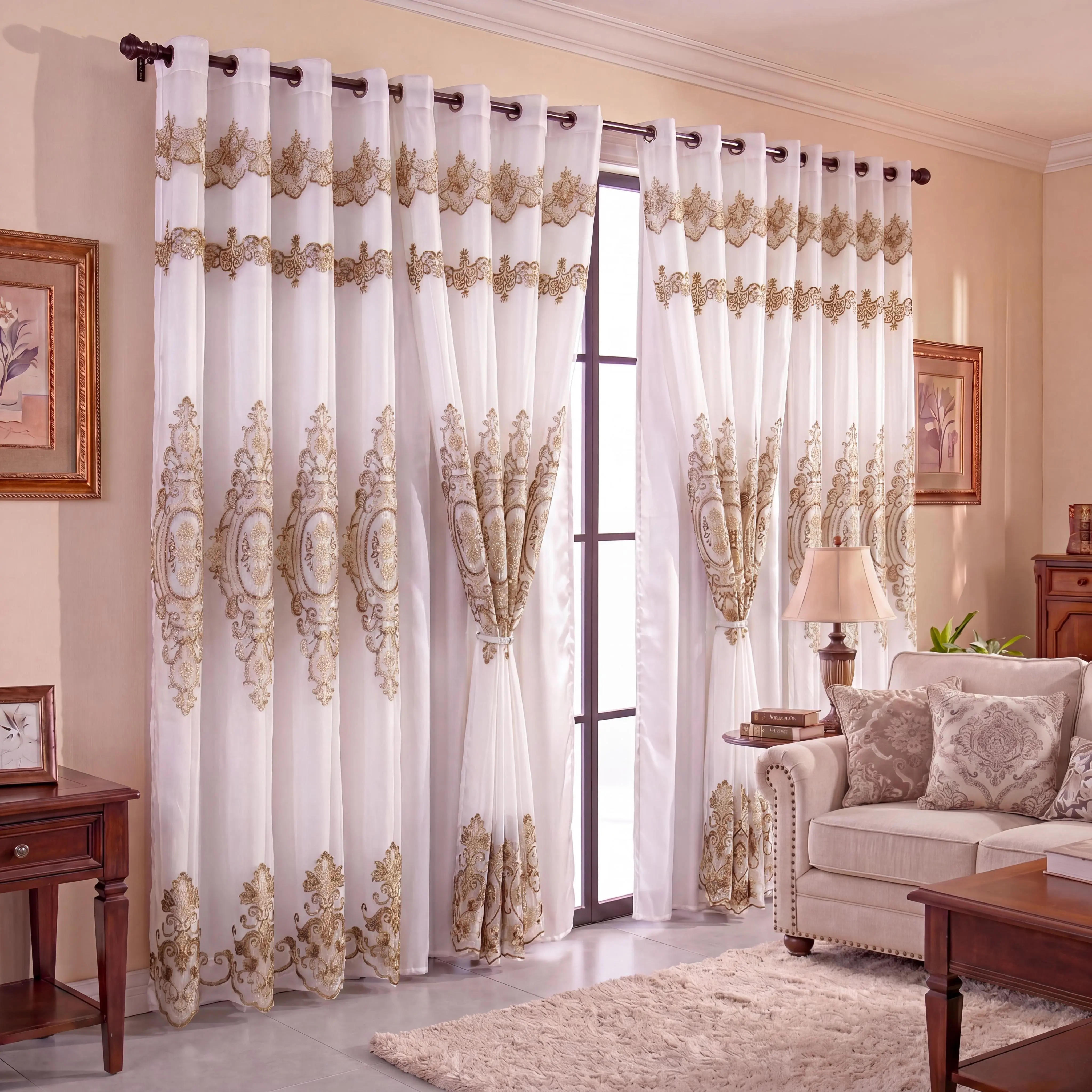 Luxury Double Layer Embroidery Window Curtains with Attached Valance, Grommet Top Drapes 4 Panels 52x84 Inch, Semi Blackout Voile Sheer Curtains Thermal Insulated Light Filtering Elegant European Window Treatments for Living Room Bedroom Home Decor QF713