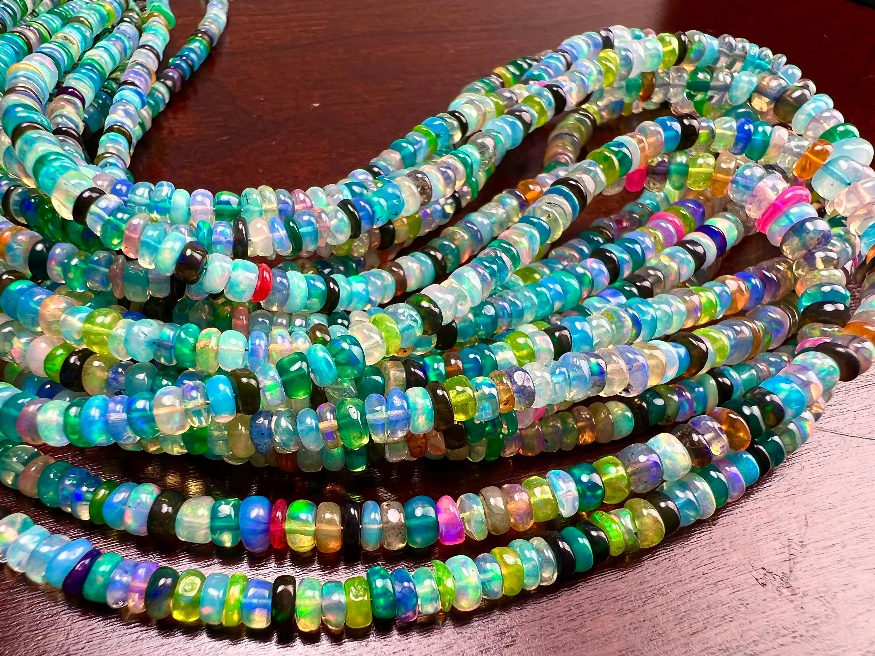 Genuine Ethiopian Fire Opal Welo Opal multi color 2.5-5.5mm smooth bluish roundel AAA quality fiery Opal, jewelry making bead 8",16" strand