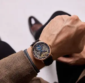 TIME100 Men's Automatic Watch Self Winding Mechanical Watch Genuine Leather Strap Skeleton Watches for Men