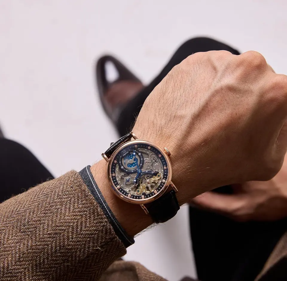 TIME100 Men's Automatic Watch Self Winding Mechanical Watch Genuine Leather Strap Skeleton Watches for Men