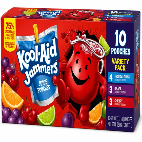 Kool-Aid Jammers Juice Pouches Variety Pack, 6 fl oz, 10 Count – Tropical Punch, Grape & Cherry