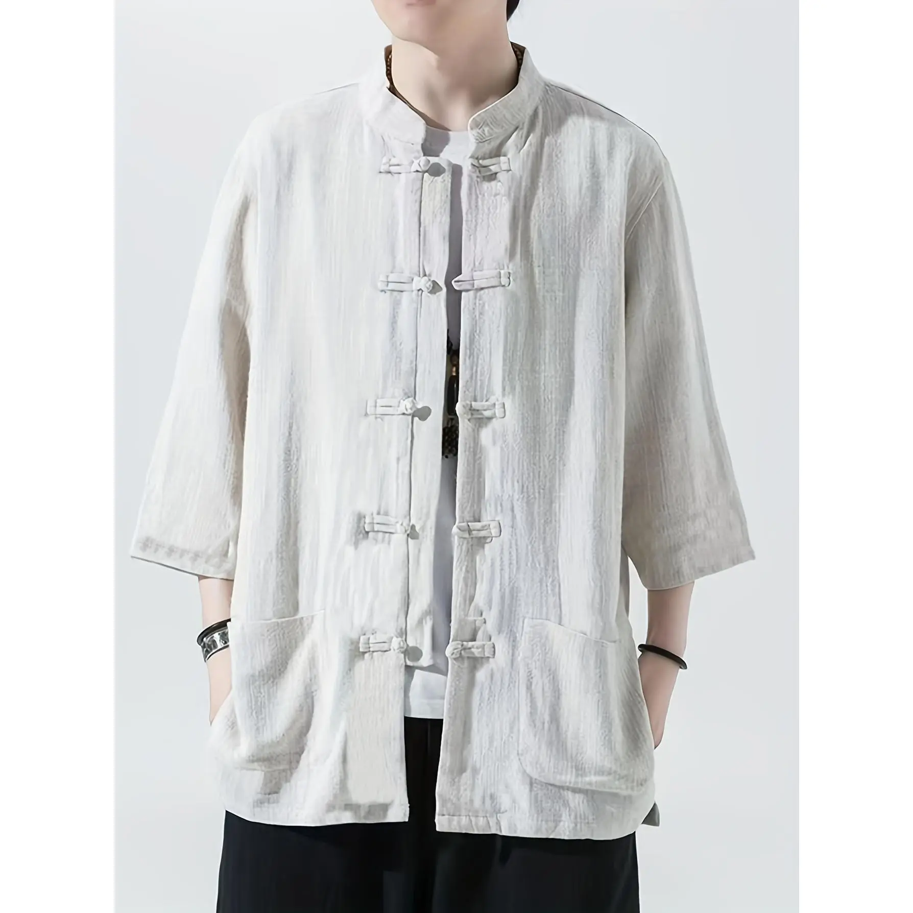 New Chinese style mid-sleeve Tang suit classic 5-button Men's shirt breathable linen blended Men's top