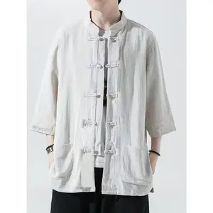 New Chinese style mid-sleeve Tang suit classic 5-button Men's shirt breathable linen blended Men's top