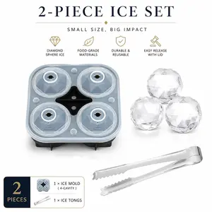 2 Piece Ice Cube Mold Set with Ice Pick, Transparent Diamond Ice Ball Maker, 4 Compartment Silicone Mold with Lid, Ideal for Home Bar, Parties, Gifts