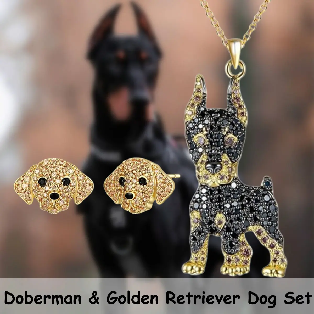 Doberman Dog Jewelry Set, 3-Piece Gold-Tone Alloy Pendant Necklace and Stud Earrings, Unisex Daily Wear Gift for Dog Lovers, Stylish Dog Lover