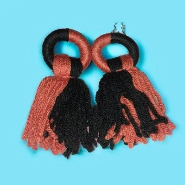 black and orange handmade hoop tassle yarn earrings