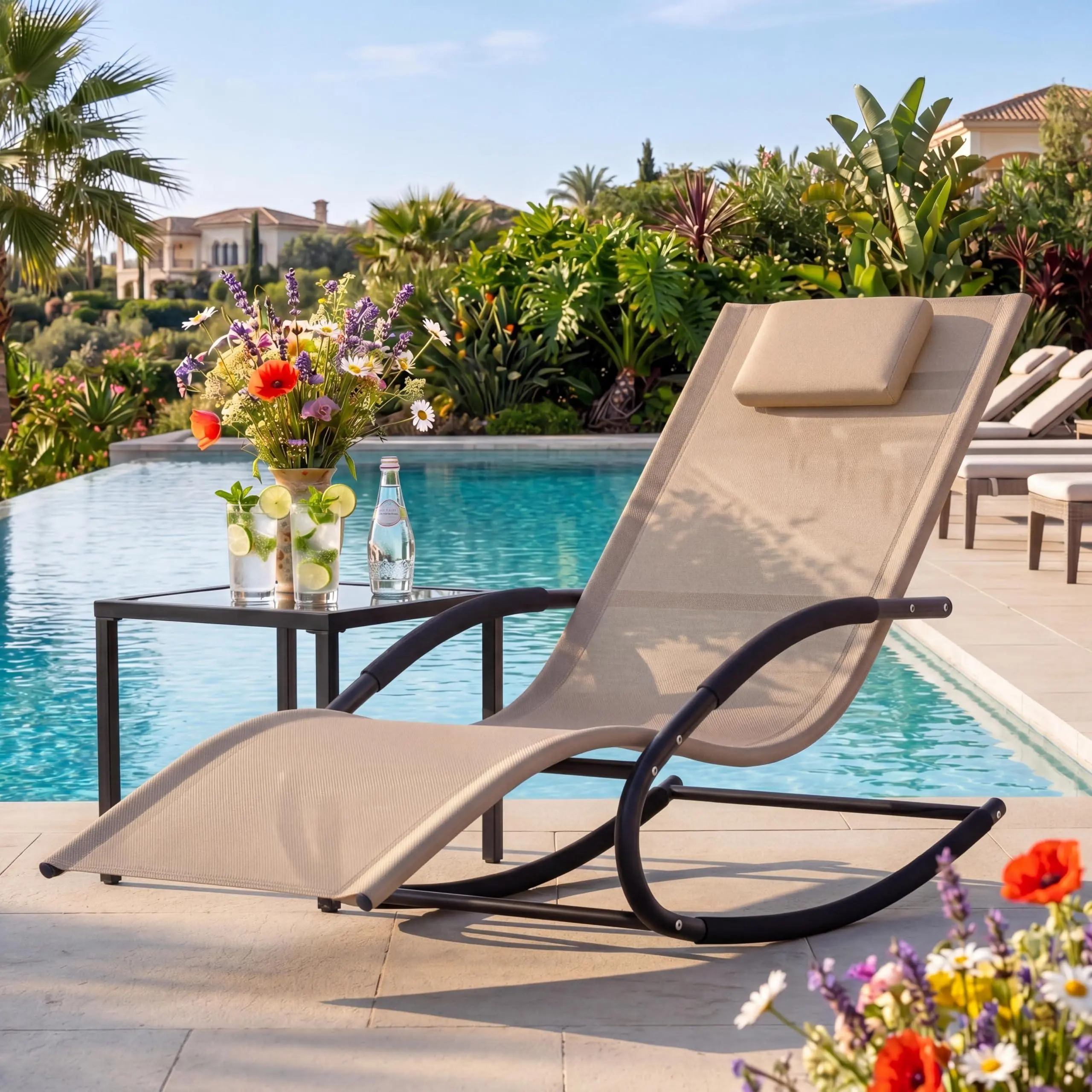 Outdoor Lounge Chair, Rocking Chair, Lounge Chair Recliner with Detachable Pillow for Patio, Lawn, Pool, Outdoor Home Furniture, Brown