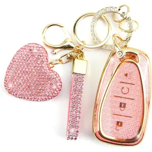 New Upgrade Key Fob Cover for Chevy with Diamond Keychain for Women Car Key Holder Compatible with Chevrolet Equinox Malibu Cruze Traverse Camaro Trax Blazer Volt Bolt Protector, 4 Buttons (Pink-Heart)