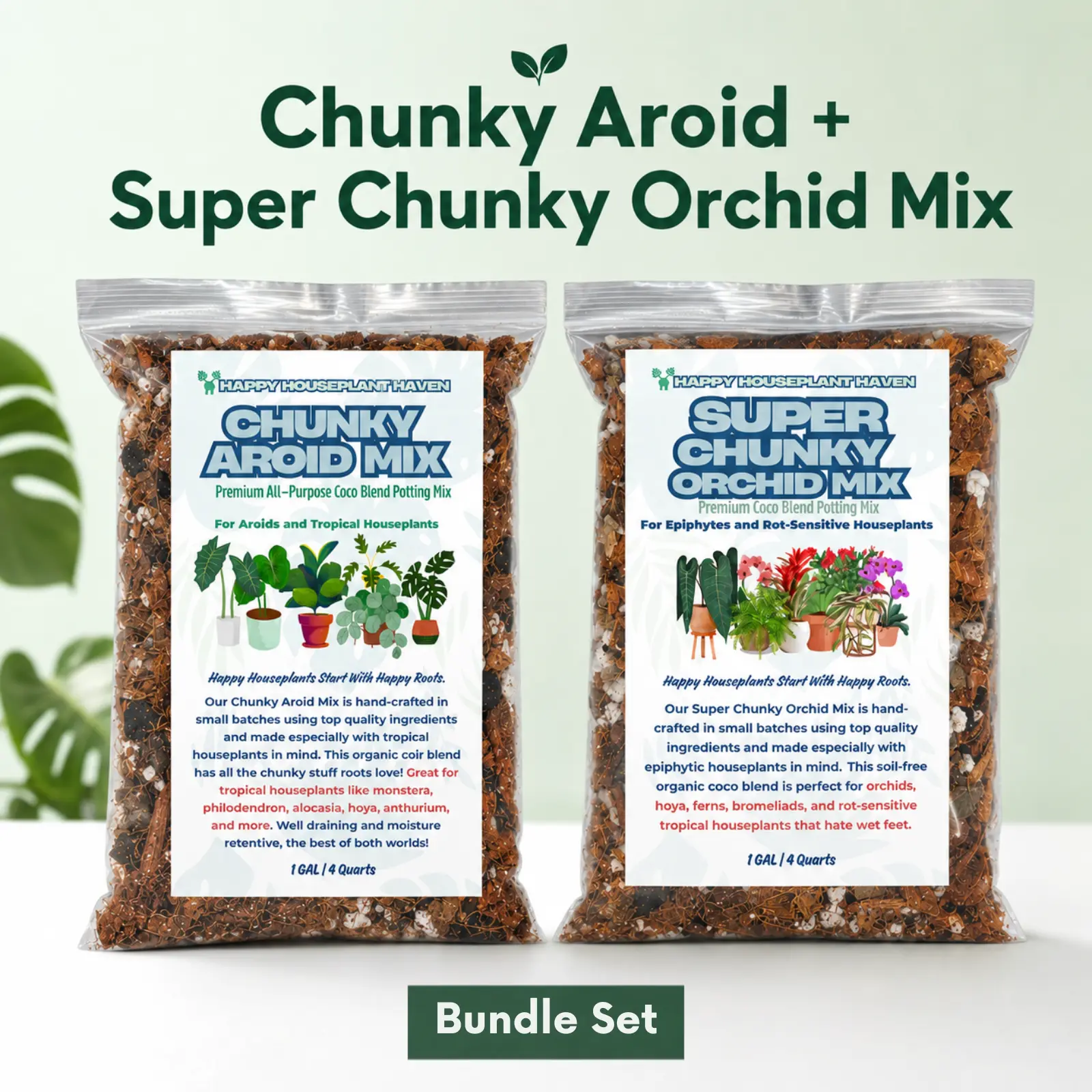 Happy Houseplant Haven Chunky Aroid & Super Chunky Orchid Potting Mix Bundle 2PK | Coco Houseplant Soil Mix for Aroids, Orchids, Hoya & Tropical Plants | 1 or 2 Gal Each