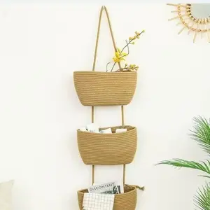 Detachable wall-mounted basket, handmade woven simple three-layer hanging basket, storage basket for home use, wall-mounted storage basket, eco-friendly hanging storage bag for cosmetics, mobile phones, and miscellaneous items