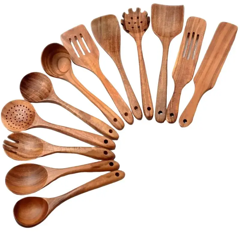Wooden Cooking Utensils Set, 12pcs/set Wooden Kitchen Utensil Set, Natural Teak Wood Cooking Spoons Utensils, Kitchen Gadgets, Kitchen Supplies Set, H