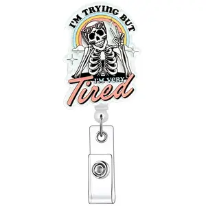 Skeleton & Letter Pattern Retractable Badge Reel, Id Badge Holders Retractable, nursing badge reel, medical badge reel, 1/20pcs Acrylic ID Holder with Clip for Nurses Doctors Students Office Staff, Identification Badges & Supplies, Halloween