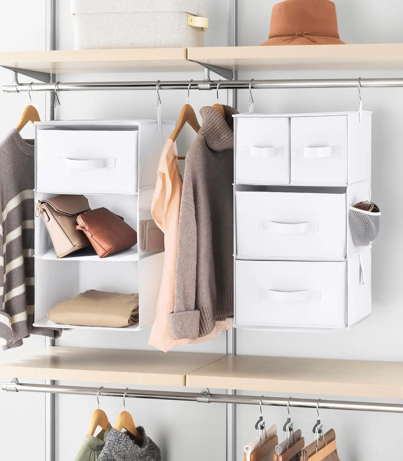 Whitmor Multi-Functional Hanging Closet Organizer with Drawer Inserts - 5 Sections, Room Accessories, House Organizers for Closet Organization - White, Multi Row Shelving & Storage, Net Organizer Shelving & Storage