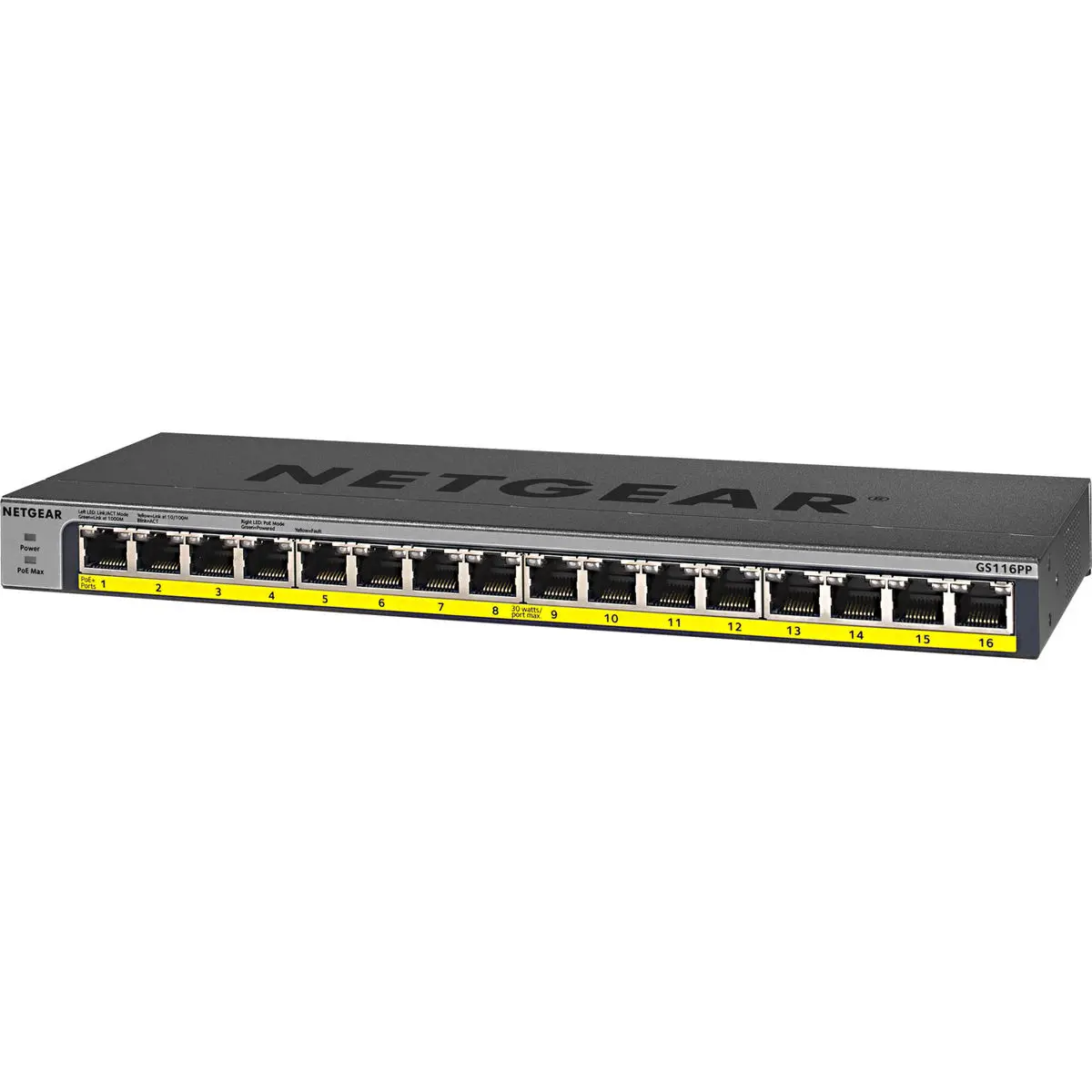 Netgear GS116LP Desktop Unmanaged Gigabit Ethernet Switch, 16 PoE+ Ports, 76W Total Power Budget, Supports 115W & 183W Device Power Requirements, Durable Quality, Flexible Mounting
