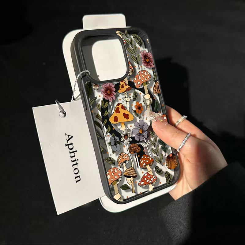 Mushroom & Wildflower Print Phone Case  Add A Touch Of Forest Charm & Playful Warmth To Your Daily Device Featuring Built-In Strong Magnet Ring Blending Smooth Macaron Texture With Secure Magsafe Compatibility For iPhone 17 16 15 14 13 12 11 X XS