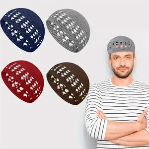 [Breathable Kufi Hats] 4pcs Breathable Polyester Kufi Hats | Adjustable Closure, Hand Washable, Gray, Brown, Blue, Red - Versatile for Men & Women, Ramadan & Casual Wear