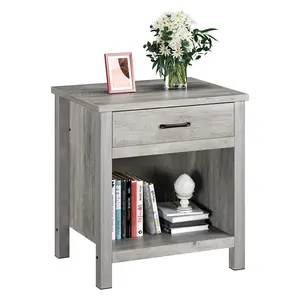 Farmhouse Nightstand, Rustic End Side Table with Drawer and Storage Shelf, Gray Night Stand Bedside Table for Bedroom, Living Room, Small Spaces, Grey