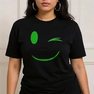 Casual Short Sleeve Round Neck Top with Random smile Print | Machine Washable Spring Summer Fall Fashion Tee, Casual Wear, Playful Design, Comfortable Fabric, Graphic Tee, Relaxed Fit Clothing