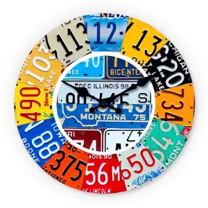 Vintage License Plate Wooden Wall Clock, 10-14 Inch Silent Clock, Aa Battery Powered, Ideal for Living Room, Office, Bedroom