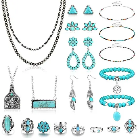 Fansilver Women's 25-Piece Boho Western Turquoise Jewelry Set - Layered Beaded Choker Pendant Necklace, Stretchy Bracelet, Earrings, Vintage Geometric Knuckle Rings - for Summer Daily Wear, Christmas Outfits, Layered Necklace