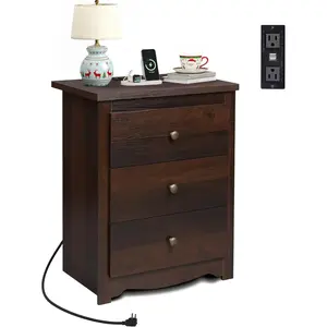 Tall Nightstand with  Station,  Night Stand with 3 Drawers Storage, Bedside Table End Side Tables with 2 USB Ports and Outlets for Bedroom, Closet, Espresso