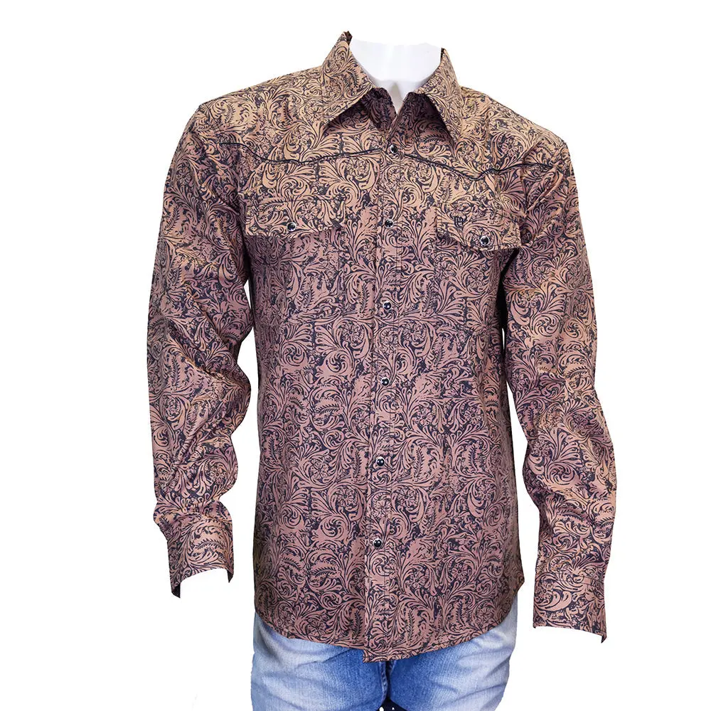 Men's Cowboy Hardware Brown "Tooled Leather" Long Sleeve Western Shirt