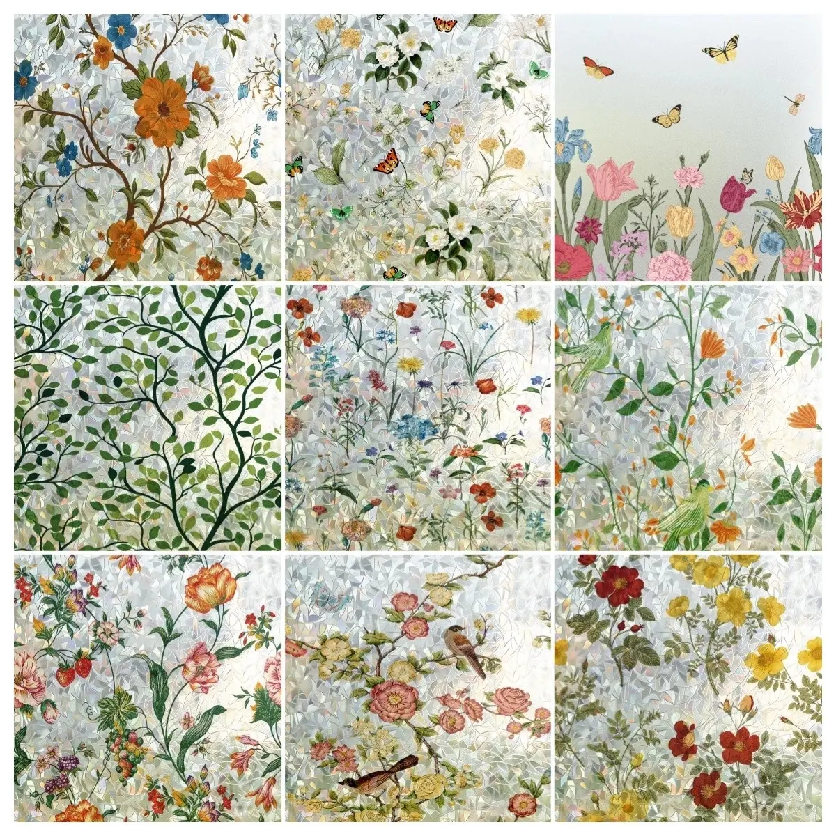 3D Laser Sparkle Window Privacy Film - 10ft (17.7x118in) Colorful Flower & Green Leaf Decorative Glass Sticker, Smooth, Lightweight, Durable, Water Resistant, Easy-Remove, Renter Friendly, UV Blocking for Kitchen, Bedroom Home Decor