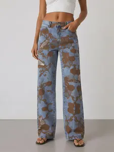 Vintage Brown Floral Lace Print Wide Leg Jeans Y2K High Waisted Aesthetic Denim Pants Soft Grunge Streetwear Baggy Jeans for Women