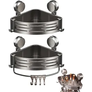 2-Tier Suction Cup Shower Caddy,No Drilling Required,Shower Suction Shelf,For Kitchen, Bathroom,Storage Rack With 8 Hooks And 1 Towel Bar Gray