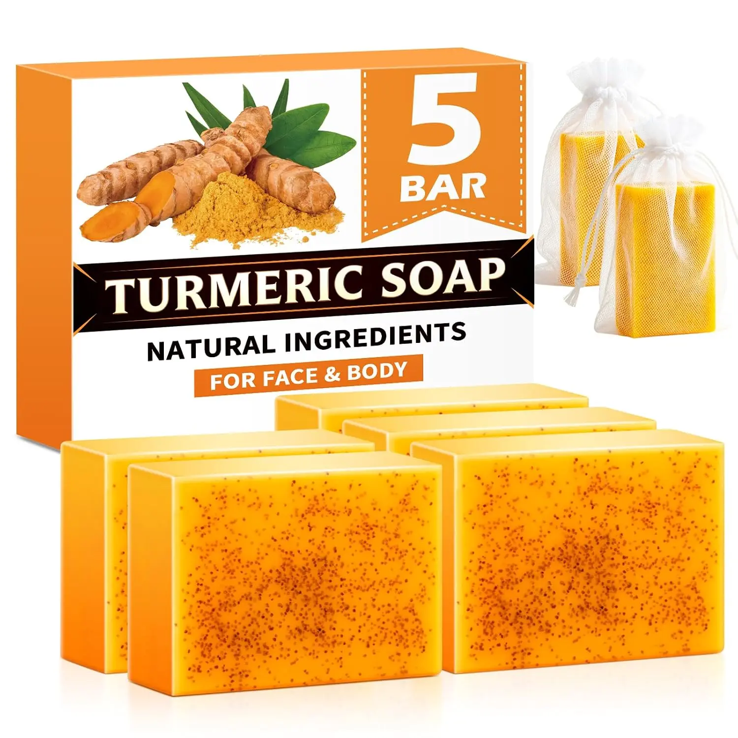 5 Pack Turmeric Soap, 80g Kojic Acid and Turmeric Soap Bar, Gently Clean the Face, Contains Retinol, Collagen, Vitamin C, Shea Butter, Used for Face & Body, SLS Free