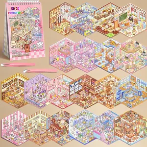 20 Sets DIY 3D Sticker Scene, Sticker Therapy Scenes Collection Book for Adults Stress Relief Pass The Time, Make Your Own House Miniature Cute Cartoon Animal Isometric Scene Funny Stickers
