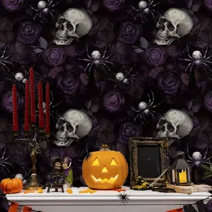 Removable Spooky Skull Rose Wallpaper, Peel and Stick Gothic Home Decor, Pattern, No Residue, Apartment Friendly