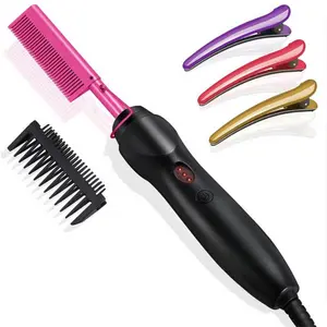 Ceramic Heating Hair Straightener Comb Hot Pressing Brush for Natural Black Hair, Beard & Wigs – Electric Hot Comb with Heat Resistant Clips, Fast Heating, Anti-Frizz, Pink, anti frizz hair straightener, wig straightener comb, hot comb, gift for her