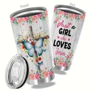 1pc, 20oz Cup Stainless Steel Tumbler, Just a Girl Who Loves Jesus Funny Print Double Wall Vacuum Insulated Travel Mug, Gifts for Parents, Relatives and Friends