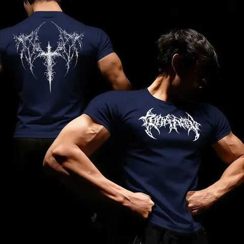 Men's Wing Print Round Neck Tight Fit Short Sleeve Gym Quick Dry T-Shirt, Running Training Top, Athletic Tops, Summer Casual Sportswear, Moisture Wicking Tee, Fitted Sportswear, Athletic Sports Clothing, Athletic Apparel Tops