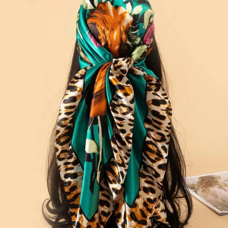 Leopard Print, Large Satin Silk Feel Square Shawl, Fashion Accessory Headscarf Wrap, Stylish Women's Clothing, Casual Fashionable Scarf