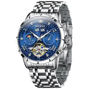 Luxury Business Dress OLEVS Men's Automatic Mechanical Watch with Diamonds 42mm Luminous 30M Waterproof Stainless Steel Strap  Wristwatch