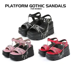 CYNLLIO Womens Platform Sandals Gothic Punk Heart Chain Buckle Comfortable Peep Toe Ankle Strap High Heel Wedge Sandals Casual Party Dress Shoes Thick Heeled Fall Winter Sandals