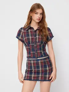 Cotton Plaid Collar Short Sleeve Blouse & Mid Rise Lace Trim Bowknot Mini Skirt Set
