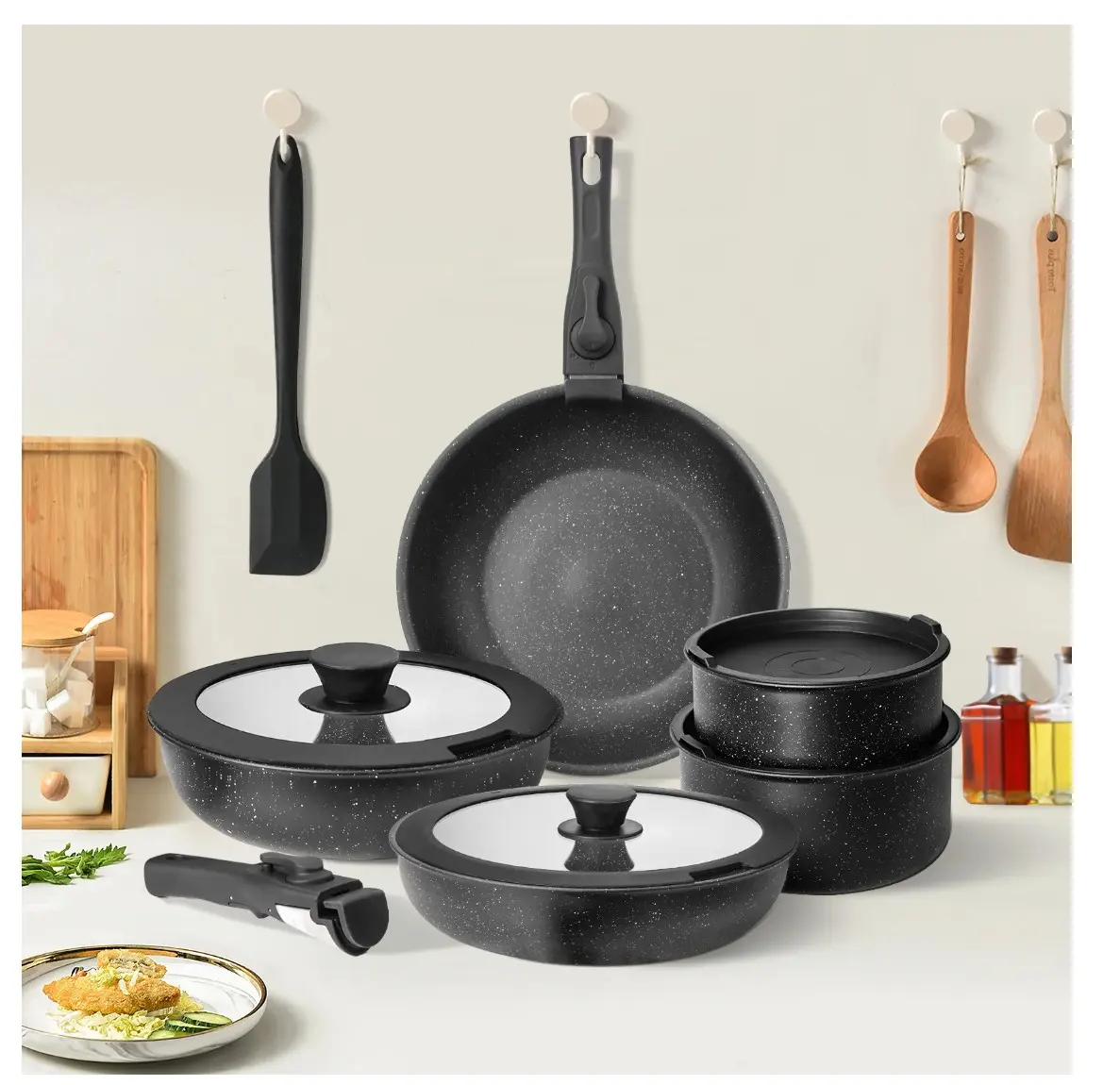 12-Piece Nonstick Pots and Pans Set, With Removable Handle, Induction Cookware, Black Aluminium Detachable