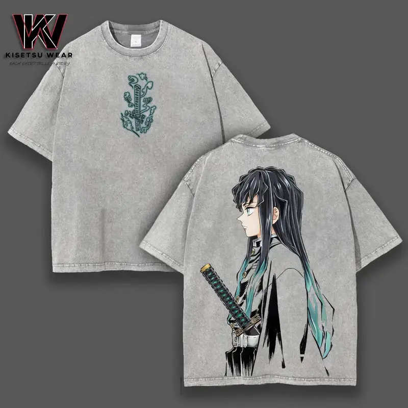 Tokito Muichiro Shirt - Demon Slayer Infinity Castle Arc Anime Graphic Tee Oversized Acid Washed Soft Cotton T-Shirt Anime Streetwear Casual Menswear Womenswear Gift for Anime Fans Demon Slayer Lovers Grey Sword