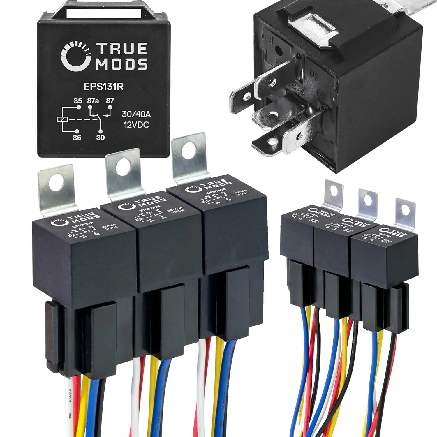 True MODS 6 Pack  Style 5-Pin 12V Relay Kit [Interlocking Harness Socket Holder] [14 AWG Hot Wires] [SPDT] [30/40 Amp] 12 Volt Automotive Relays for Auto Fan Cars