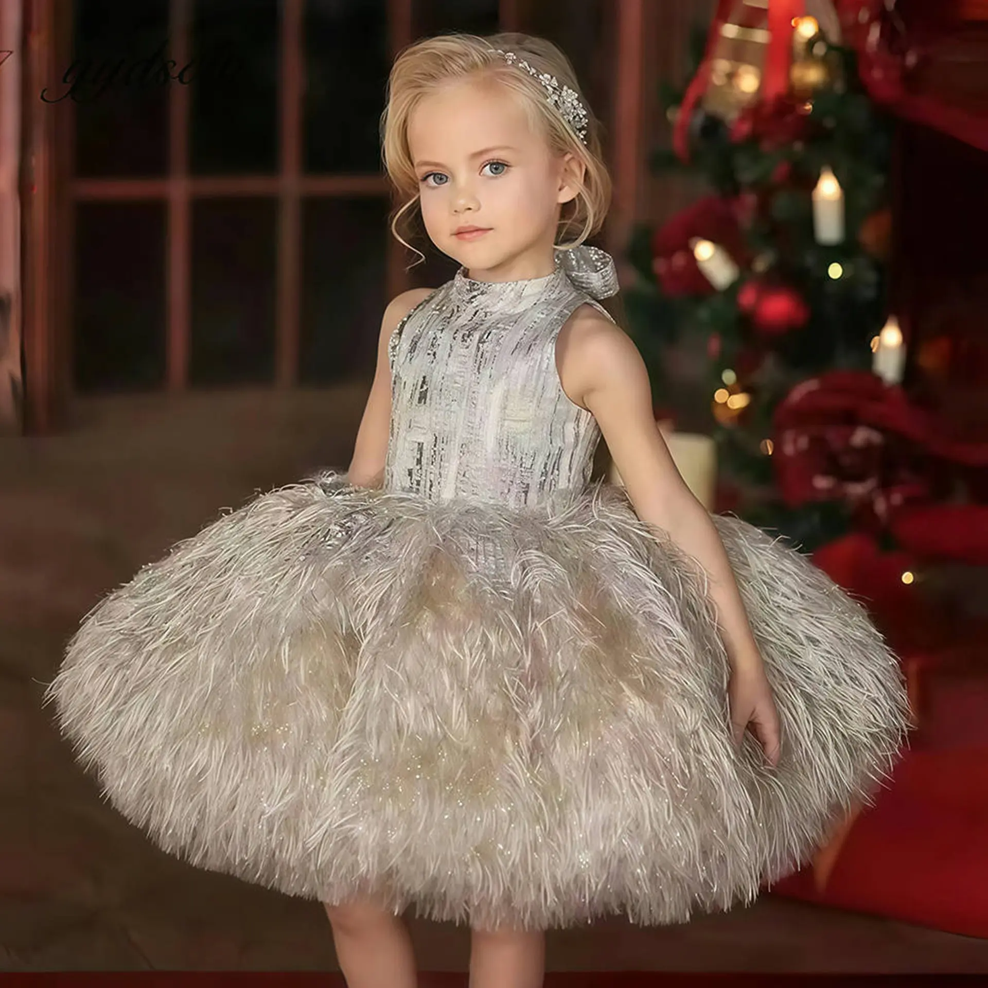 Girls' High Neck Feather Ball Gown - Sleeveless Fluffy Birthday Princess bubble Dress Star Print Tulle Capelet girl for 4-8Y Kids As Gift 256280