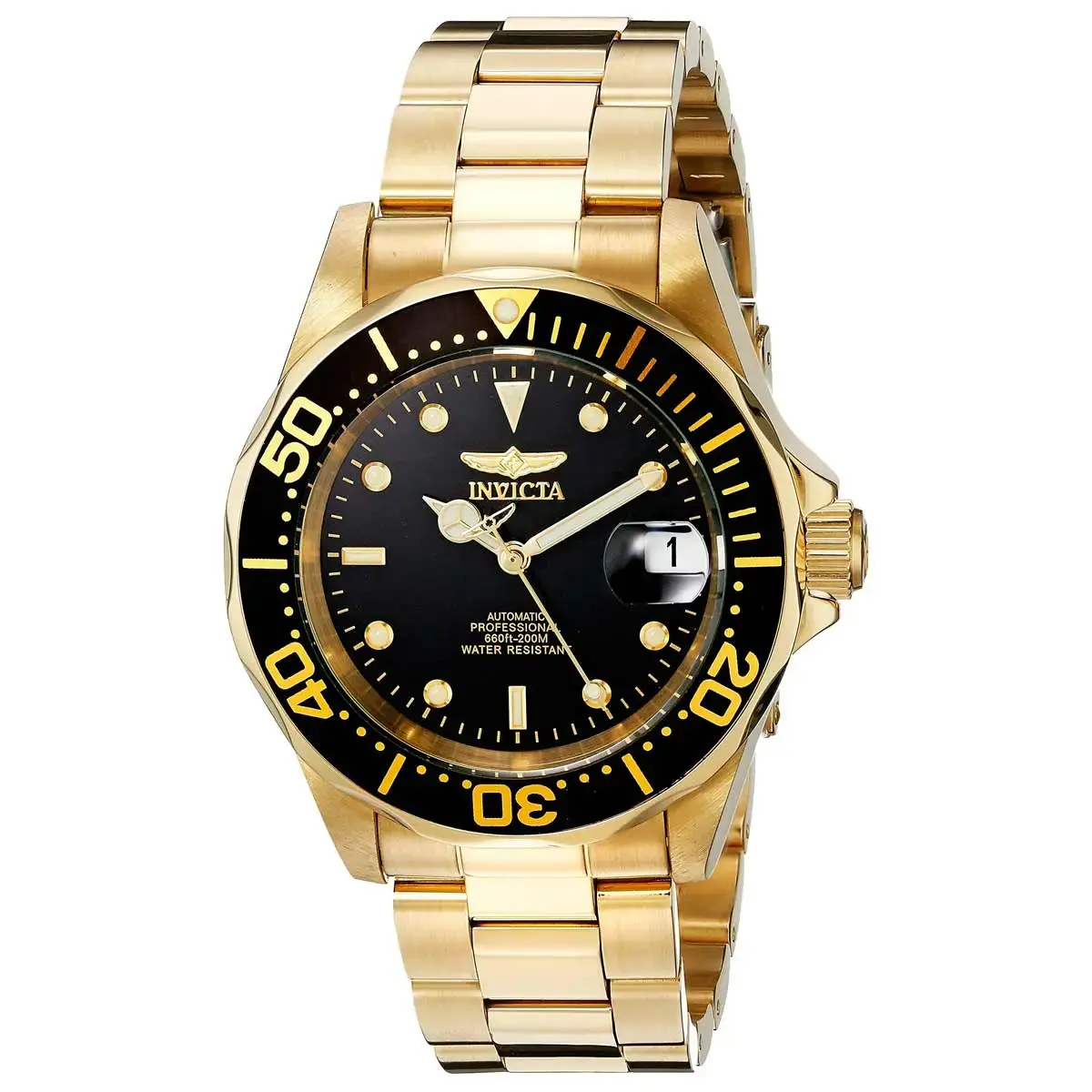 LuminWrist Invicta Men's Automatic Watch - Pro Diver Yellow Steel Bracelet Black Dial | 8929