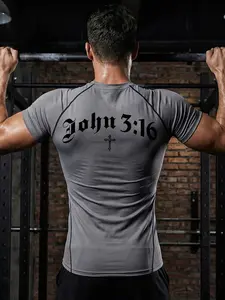 John 3:16 Cross Print Short Sleeve Compression Shirt for Men, Tight-Fit Sporty T-Shirt for Gym Workout Fitness Running, Summer Quick-Dry Breathable Round Neck Tees Tops, Activewear Sportswear